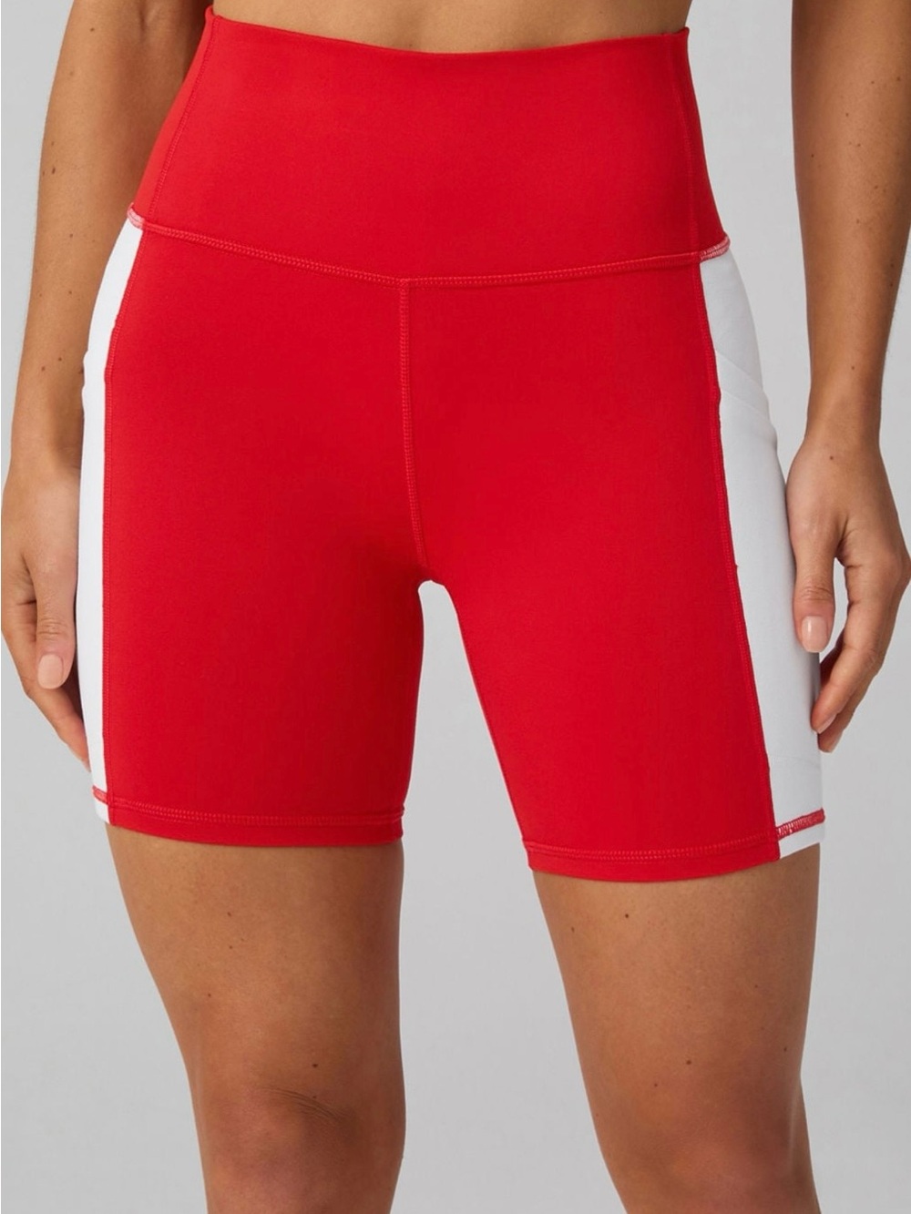 Fabletics On-The-Go PowerHold High Waisted 6” Shorts NWT Medium Red White